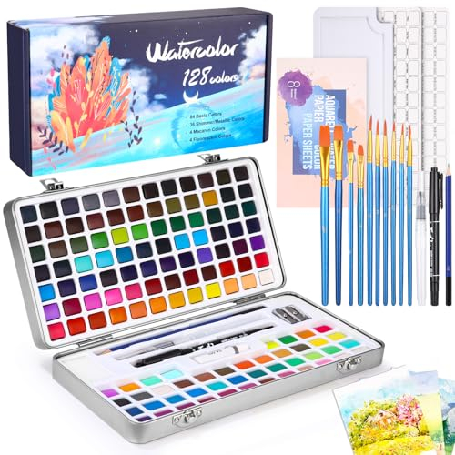 Azyvum Aquarellfarben Set 128 Farben in Tragbarer Box, Mit Pinsel und Aquarellpapier, Aquarell für Reisen, Wasserfarben für Künstler, Hobbymaler und Malerei-Liebhaber