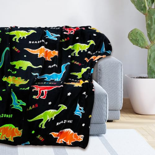 Manta infantil de dinosaurios, 100 x 150 cm, que brilla en la oscuridad, manta de felpa suave y esponjosa, manta para dormir para niños, regalo de cumpleaños, manta para adultos