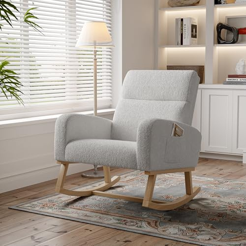 Henunem Mecedora para relajarse, sillón balancín, silla de lactancia, silla basculante con tejido de peluche y cojín lumbar y 2 bolsillos laterales, cómoda silla de lectura para salón (gris oscuro)
