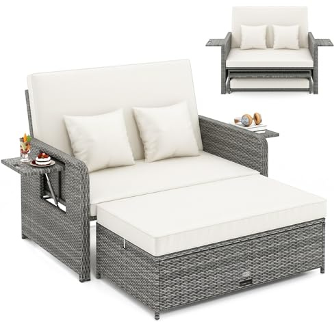 COSTWAY Garden Rattan Daybed, 4-Level Adjustable Patio Wicker Loveseat Sofa Bed Sun Lounger with Storage Ottoman, Retractable Tray & Cushions, Outdoor Double Conversation Furniture (White+Mix Grey)