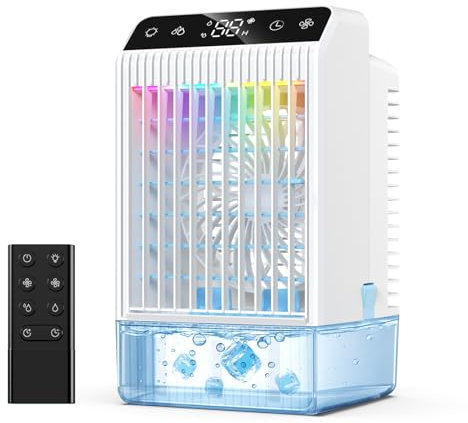 Mobile Klimaanlage mit Display, 1000 ml Tragbare Mini Klimaanlage, 4-in-1-Luftkühler, Fernbefeuchter Timing Klimagerät mit Dual-Spray & 7-Farben-Licht, 4 Geschwindigkeiten Camping Klimaanlage
