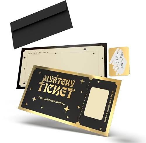 Falkenhorn® Mystery Ticket mit Rubbelsticker, Schwarze Rubbelkarte zum Ausfüllen & Verschenken, Geheimnisvolle Geschenkidee für Escape Room, Event, Spiel oder Überraschung –inkl. Umschlag - 1er