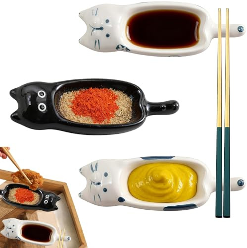 HSYTEK 3 Stück Dipschalen, 13 x 4.2 cm Katzenform Dip Schälchen, Mini Katzenmotiv Keramikschale Stapelbar, Kleine Schüsseln für Ketchup, Senf, Sojasauce, Essig (Weiß+Schwarz)