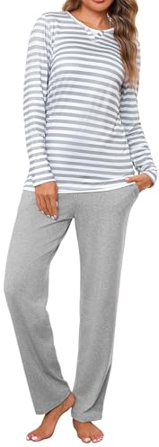 Jahetuul Conjunto de Pijama Mujer Largo Algodón Cuello Redondo con Diseño de Escote en Capas Parte Superior a Rayas Ropa de Dormir Cálida para Otoño e Invierno