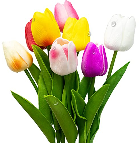 8 Tulipanes De Látex Artificiales, Tulipán Realista con Hojas Verdes, Decoración De Flores Falsas De Colores Mezclados para Ramos De Novia, Hogar, Hotel, Fiesta, Oficina