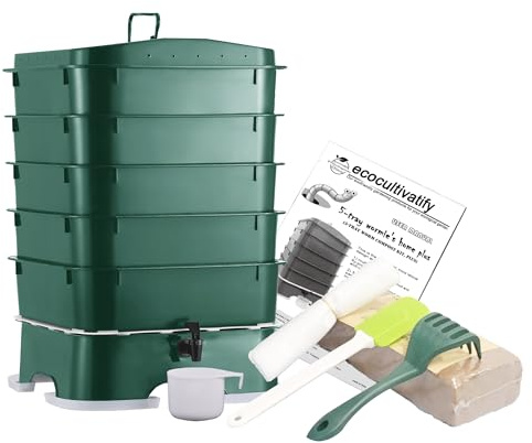 5-Tray Worm Compost Bin, Worm Composter for Outdoor & Indoor, 5-Tray ecocultivatify Wormie's Home Plus, Worm Bin Set for Recycling Household Waste (Dark Green)