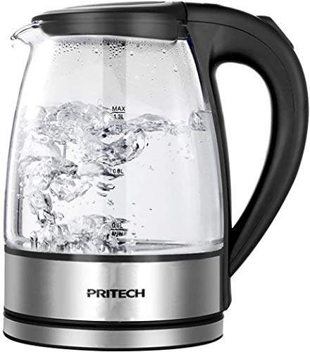 PRITECH Borosilikatglas Wasserkocher, 2200 Watt, 1,2 Liter, 360°-Sockel, Abschaltautomatik, Trockenlaufschutz, Kalkfilter, BPA frei,