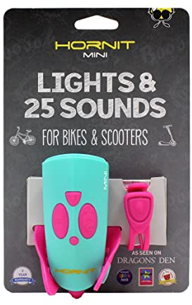 Hornit Mini, Bike & Scooter Horn and Safety Light for Children and Kids, 25 Sound Effects, 6 Light Modes: White Safety Light and Funky Green Light, Pink/Turquoise
