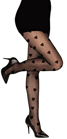 PrettyLoveHose Collant Voile Noir Semi Opaque Motif Coeur Jacquard, Taille unique, (16890)