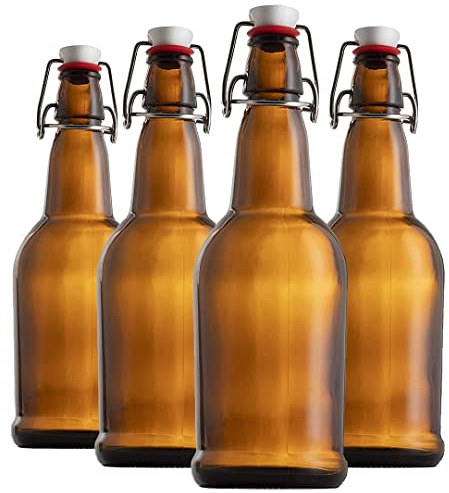 Chef's Star 16 Oz Empty Beer Bottles, Swing Top Glass Bottles, Flip Top Glass Bottle with Caps, Fermentation Home Brewing Kombucha Beer and Coquito, Amber, Set of 4