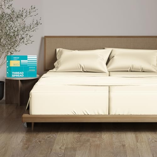 THREAD SPREAD 100% Egyptian Cotton Split King Sheets Sets for Adjustable Bed - Luxury 800 Thread Count 5 PC Split Top King Sheet (Ivory), Breathable, Silky Soft Cooling 16 Deep Pocket Hotel Sheets