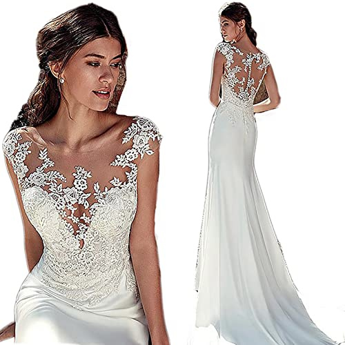 CUTTE Abito Lungo da Sera a Sirena da Sposa Abito Lungo in Pizzo con Scollo all'Americana Abito da Damigella d'Onore Cocktail Party Abiti da Sposa da Spiaggia per la Sposa,White,US8