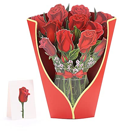 Veroda 3D Pop Up Blumenstrauß Grußkarte mit Notizkarte und Umschlag 12 Zoll Papier für immer Blumengeschenk für Liebhaber Mama Freunde (Rote Rosen)