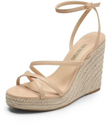 DREAM PAIRS Strappy Espadrille Platform Wedge Sandals for Women Dressy Summer, Comfortable Open Toe Sandals with Cushioned Insole and Ankle Strap Buckle,Size 8.5,Nude,SDPW2421W