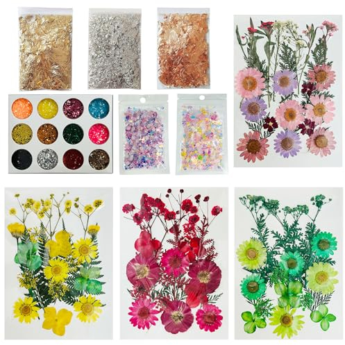 Woohome 64 Pcs Naturales Flores Prensadas Secas, Escamas de Pan de Oro, Lentejuelas, Hojas Prensadas Secas Naturales, Flores Secas Reales para Resina para Resina Scrapbooking, Resina Epoxi