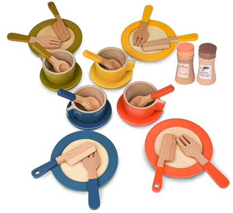 Coriver Ustensile Cuisine Bois Enfant, 26 Pièces Accessoire Cuisine Enfant avec Assiettes Plates Tasses, Dinette en Jeu de Rôle pour Enfants, Cuisines en Bois pour 3+ Ans Garçons Filles