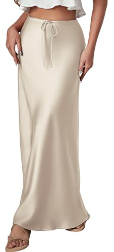 FEOYA Lång fläckig kjol för kvinnor, hög midja, maxikjol med dragsko, blommig, elegant, silke, satinkjol, fest, cocktail midi-kjolar, 02 beige, S