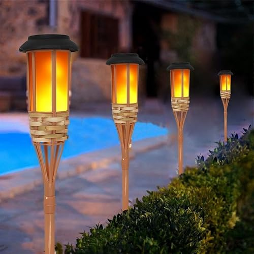 SUAVER Solar Lights Outdoor Garden Bamboo Flame Torch Lamp,Waterproof Solar Flickering Dancing Flame Lights Garden Ornament Outdoor Stake Lights for Yard Patio Pathway Decorations,4pcs