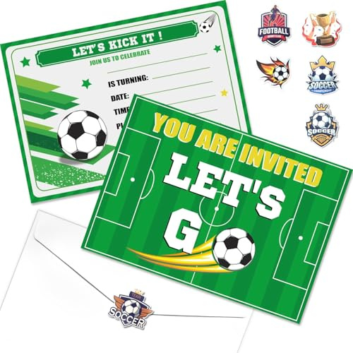Lot de 20 invitations de fête de football avec enveloppes, cartes d'invitation d'anniversaire pour garçons, enfants, fans d'événements sportifs, 18 x 13 cm