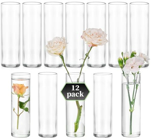 Glasseam Vase Cylindrique en Verre pour Table: Ensemble de 12 Petits Vases pour Centre de Table de Mariage, Décoration de Table pour Fête à la Maison - Vase Moderne Transparent pour Fleurs Rose Tulipe