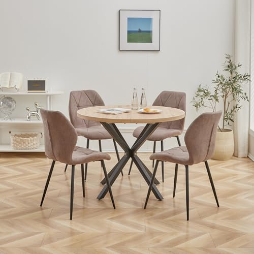 DEYARNA HOME Essgruppe Set Tisch und Stühle, 100cm Runder Esstisch und 4 Leinen-Esszimmerstühle, 4 Stühle & Tisch für Küche, Esszimmer und Wohnzimmer (Braun-LX, 100 * 100 * 76.5cm (Helle Holzfarbe))