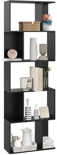 HOMCOM Scaffale Libreria a 5 Ripiani Suddivisi, Libreria Salvaspazio a Forma di S in Legno, Scaffale Divisorio per Soggiorno, Camera da Letto e Ufficio, 60x24x184.5 cm, Nero