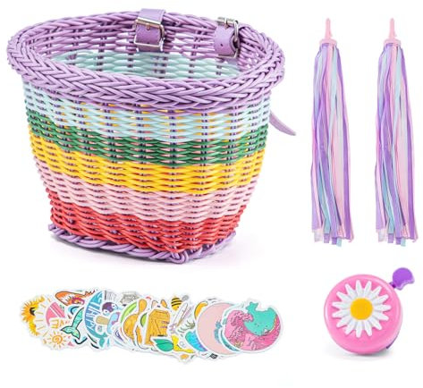 Youyijia Wicker Kids Bike Basket, Bike Basket Front Kids for Women and Men, Handwoven Bicycle Basket Fits Most Bikes, Comes with Leather Straps, Multi-coloured