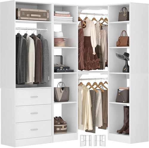 Besiost Corner Closet System with 3 Drawers, Corner Closet Organizer System with 13 Shelves & 3 Hanging Rods, 63.2L * 39.2W Reversible L Shaped Walk-in Closets, Load 2000+LBS, White