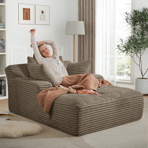 Antetek Oversized Chaise Longue Chair Indoor, Modern 50-inch Upholstered Corduroy Deep Seat Sofa Bed with 3 Throw Pillows and Armrests, Sleeper Sofa Couch for Living Room, Bedroom Apartment, Brown
