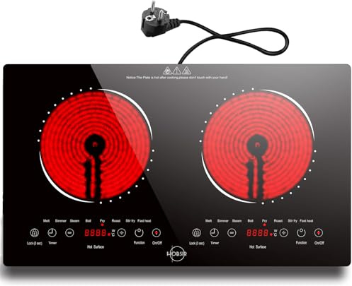 Hobsir Piano Cottura in Vetroceramica 2 Fuochi con Spina, Piastra in Ceramica 3200W, Piano Cottura Elettrico da incasso 60 CM, Controllo Orizzontale Indipendente, Timer, 220V