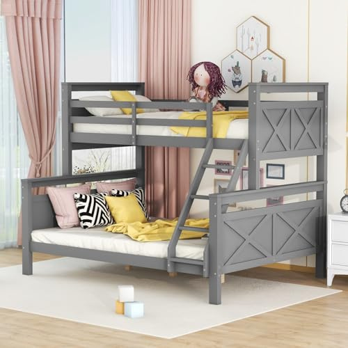 EURHCIO Lit Superposé 3 Places Convertible en 2 Lits,Lit Superposé Enfant 90x200 et 140x200 avec Barrière de lit Haute,Échelle Inclinée,Sommier à Lattes,pour Enfants Ados (Gris)