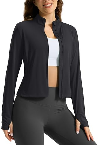 Soothfeel Women's UPF 50+ Sun Protection Athletic Jacket Lightweight Crop Zip Up Long Sleeve SPF Shirts Hiking Workout Pocket Black M