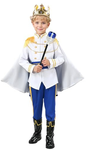 Generisch Cosplay niño niño príncipe encantador trajes niño medieval real fiesta ropa con parte superior pantalones blanco capa cinturón negro cubiertas de zapatos corona y cetro 7 piezas