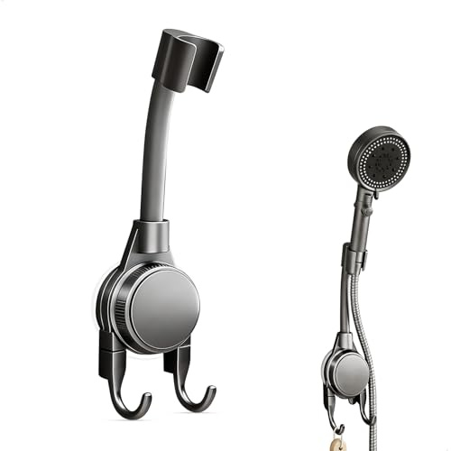 Soporte Ducha Pared, Soporte Ducha, Soporte Alcachofa Ducha, sin Taladro Ajustable 360° Shower Head Holder, ABS Gris 1 Unidad 25x5.8x2.5 cm para Azulejos Vidrio