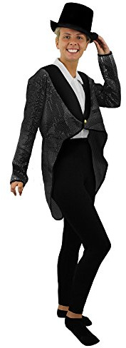 LADIES BLACK SEQUIN TAILCOAT + BLACK TOP HAT FANCY DRESS ACCESSORY SET DANCE SHOWS MUSICALS OUTFIT CABARET UNISEX TAIL COAT (UK 16-18)