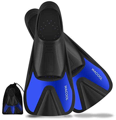 WACOOL Adult Short Light Full Foot Pocket Travel Size Fins Short Blade Fins Flippers for Snorkeling Diving Scuba or Swimming Training (Blue XL)