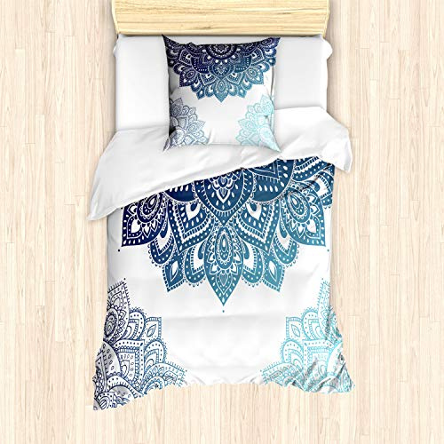 ABAKUHAUS Henna Bettbezug Set für Einzelbetten, Vibrierende farbige Mandala, Milbensicher Allergiker geeignet mit Kissenbezug,Blassblau Dunkelblau