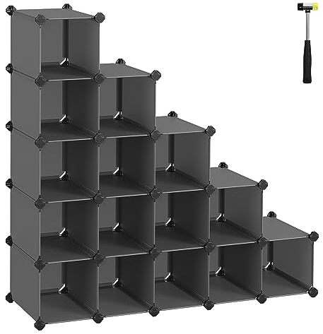SONGMICS 16-Cube Storage Unit, Shoe Rack, DIY Shelving System, Stackable Cubes, PP Plastic Shelf, Wardrobe, Closet Divider, for Bedroom, Office, 30 x 111.2 x 86.2 cm, Grey LPC44G
