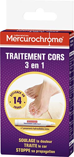 MERCUROCHROME - Traitement Cors 3 en 1 - Efficace en 14 Jours - Contient 1 Stylo + 7 Pansements Hydrocolloides