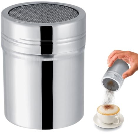 Nikou Puderzuckerstreuer, Edelstahl Kakaostreuer Kakaostaub Puder Shaker Schokolade Puderzucker Shaker Mehlstreuer Sifter, Pulvestreuer Zuckerstreuer für Backen und Kochen (M)