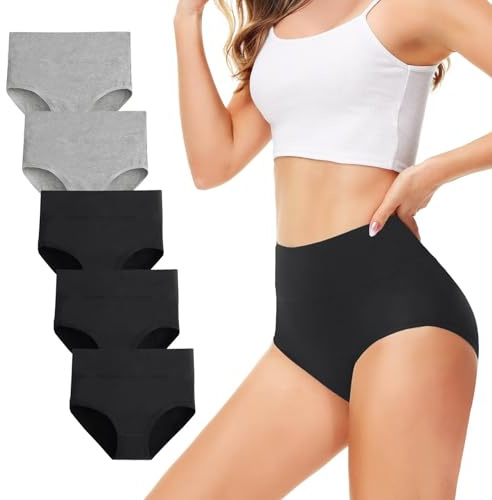 TUUHAW Braguita de Talle Alto Algodón para Mujer Pack de 5 Culotte Bragas de Cintura Alta Cómodo