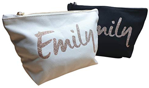 Personalised Name Make up Bag Accessory Wash In Black or Natural Colour with a choice of glitter prints (Glitter Rose Gold)