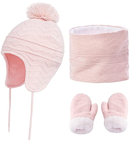 Yutdeng Gorro de Bebé Niña Cálido Conjunto de Bufanda Cozy Guantes Set Invierno Gorro con Orejeras Beanie Punto Gorro Felpa Calentador de Cuellode 1-6 años