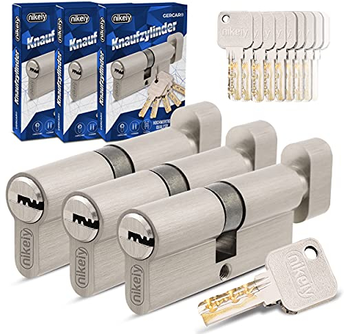 GERCAR Pro Gleichschließend 3 Knaufzylinder 45/45 Set 3x Schließzylinder mit Knauf inkl. 15 Schlüssel - 90 mm Türschloss Zylinderschloss 3er Zylinder - Länge: 90mm, A:45 B:45 - Messing matt massiv