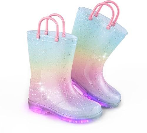 EUXTERPA Stivali da pioggia impermeabili per bambine, glitterati, con manici facili da infilare, Gradiente rosa., 28 EU