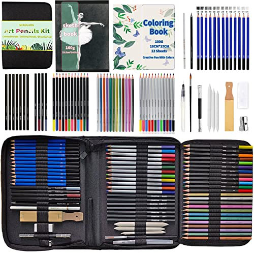 MIKOUJOS 72 pcs Drawing Set Sketch Kit,Drawing Pencils with Coloured Pencil, Sketchbook,Coloring Book,Art Supplies for Adults Artists