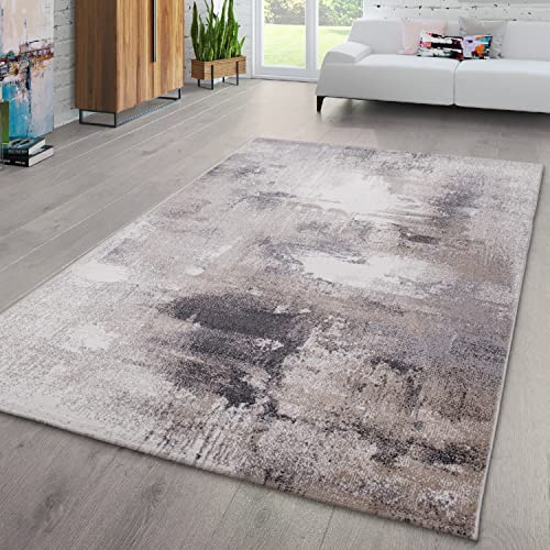 TT Home Wohnzimmer Teppich Kurzflor Abstraktes Design Pastell Used Look Modern Bunt, Farbe: Grau Beige Creme, Größe:120x170 cm