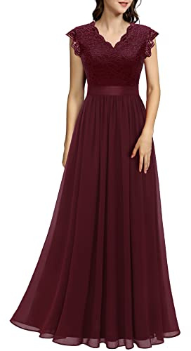 Dressystar Dam maxi, aftonklänning, lång elegant för bröllop, spets, chiffong, golvlång, balklänningar, cocktailkeider, vinröd, S