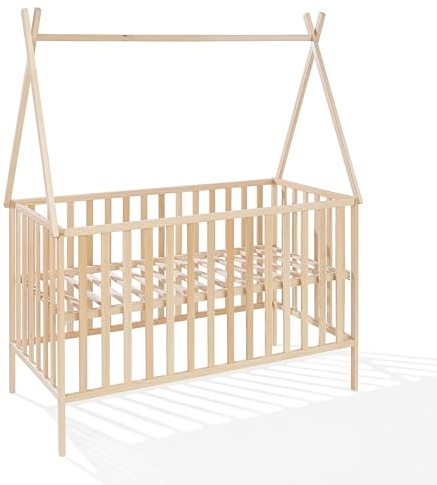 ATB - Lit Bébé Evolutif 120x60 - Convertible Bois Naturel - Design Enfant - Tipi - 60x120 Dimension - Lits pour Chambre Enfant - Mobilier