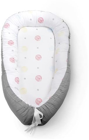 Kidoola Newborn Baby Nest Lounger with Memory Foam Base, 100% Cotton, Washable, Safe and Breathable Fabric 0-12 Months Unisex Ideal for Home, Travel & Baby Essential Gift (Circles)